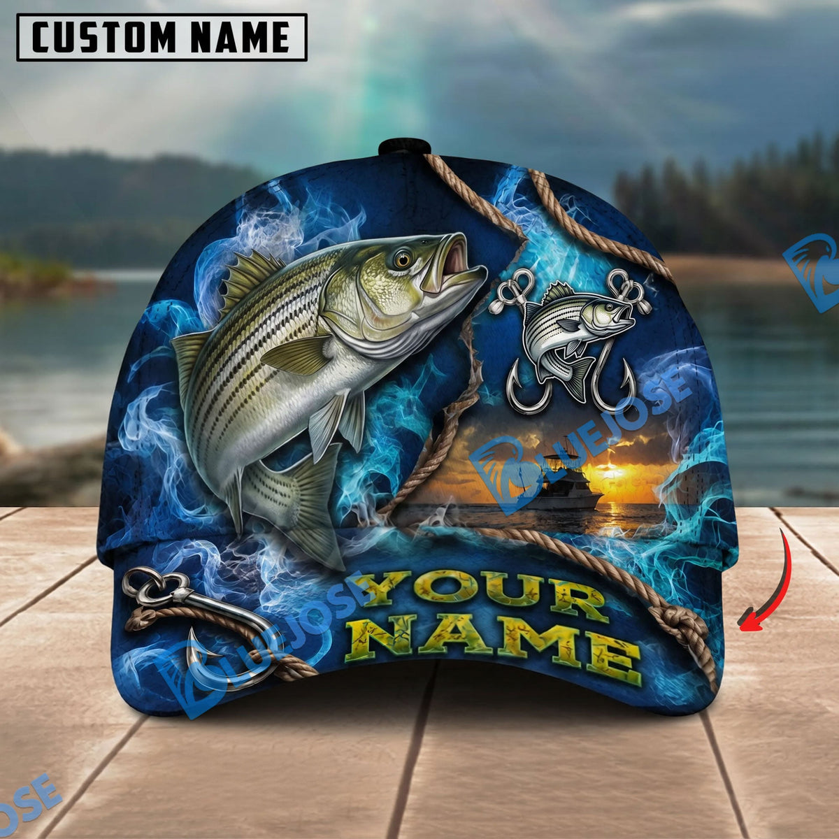 BlueJose Fishing Navy Smoke Hook Sunset Personalized Name Classic 3D Cap Personalized Cap (13 Breeds)