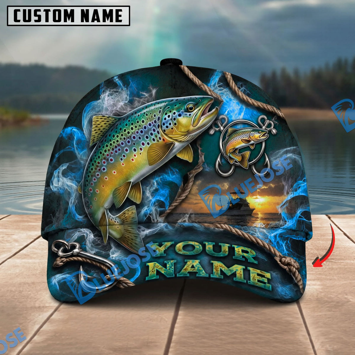 BlueJose Fishing Navy Smoke Hook Sunset Personalized Name Classic 3D Cap Personalized Cap (13 Breeds)