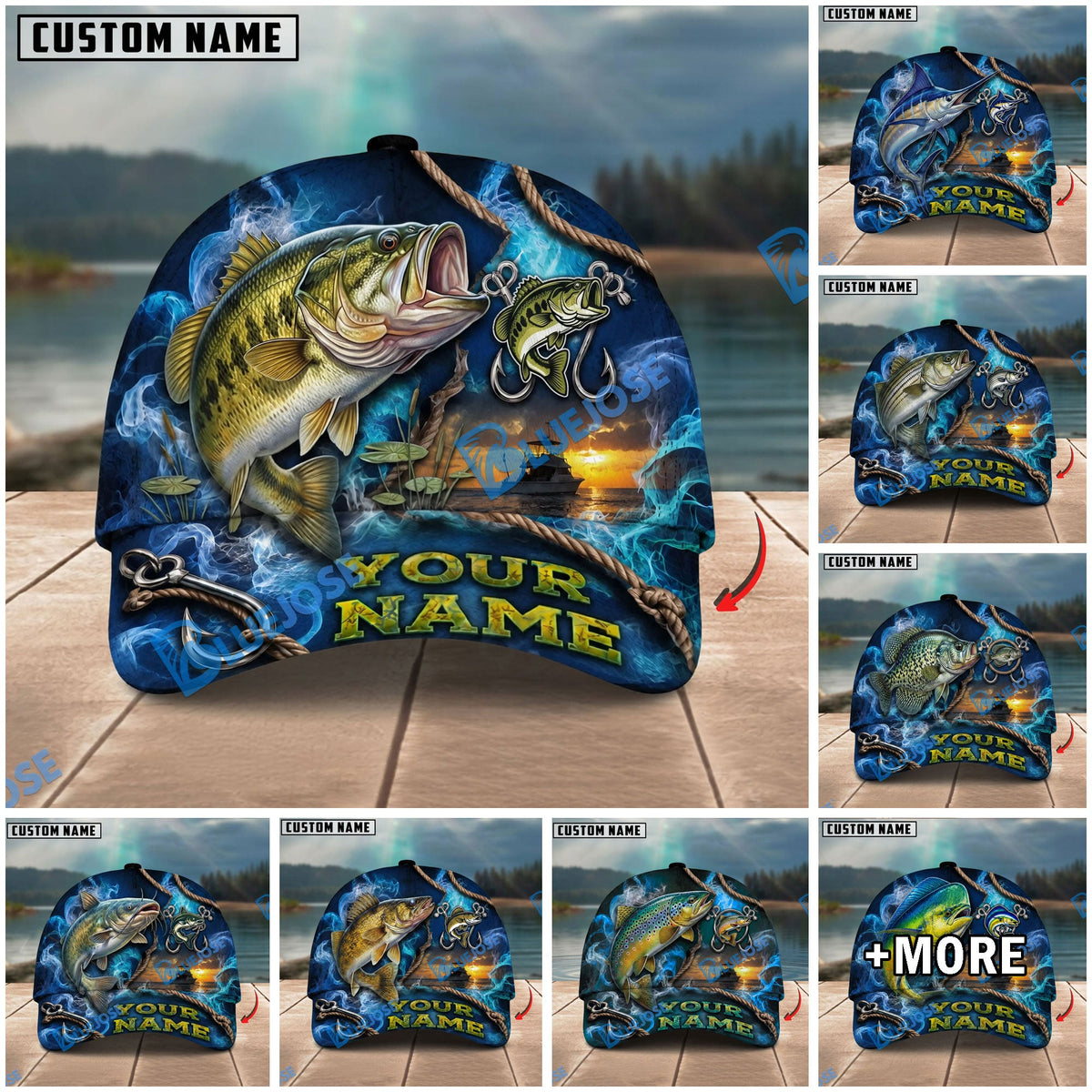 BlueJose Fishing Navy Smoke Hook Sunset Personalized Name Classic 3D Cap Personalized Cap (13 Breeds)