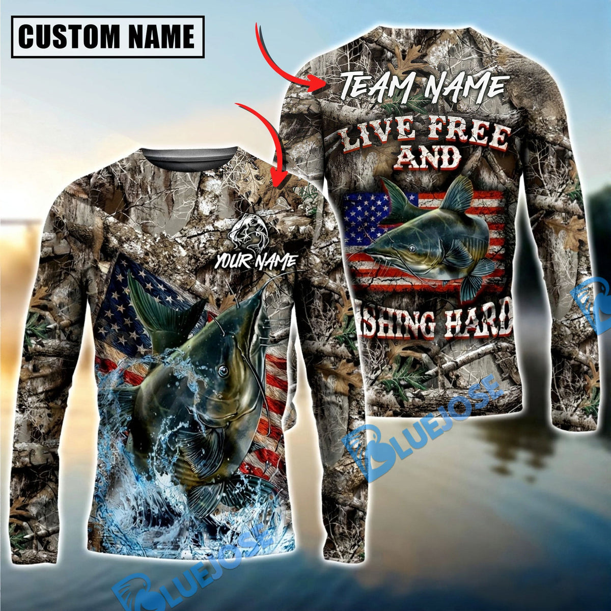 BlueJose Catfish Fishing Patriotic Camo Live Free Custom Name & Team Name 3D Shirts