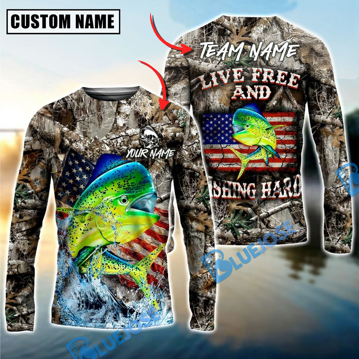 BlueJose Mahi-Mahi Fishing Patriotic Camo Live Free Custom Name & Team Name 3D Shirts