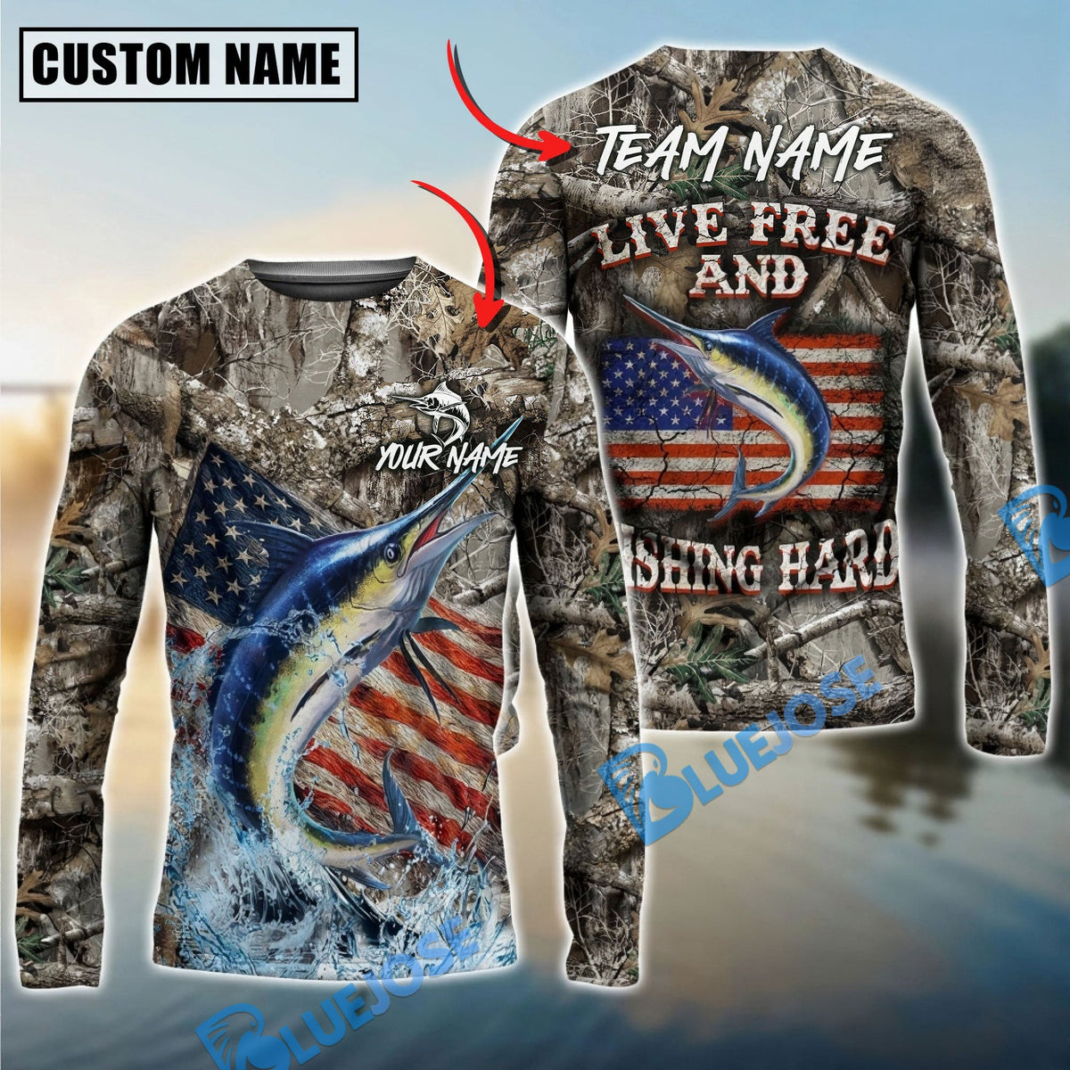 BlueJose Marlin Fishing Patriotic Camo Live Free Custom Name & Team Name 3D Shirts