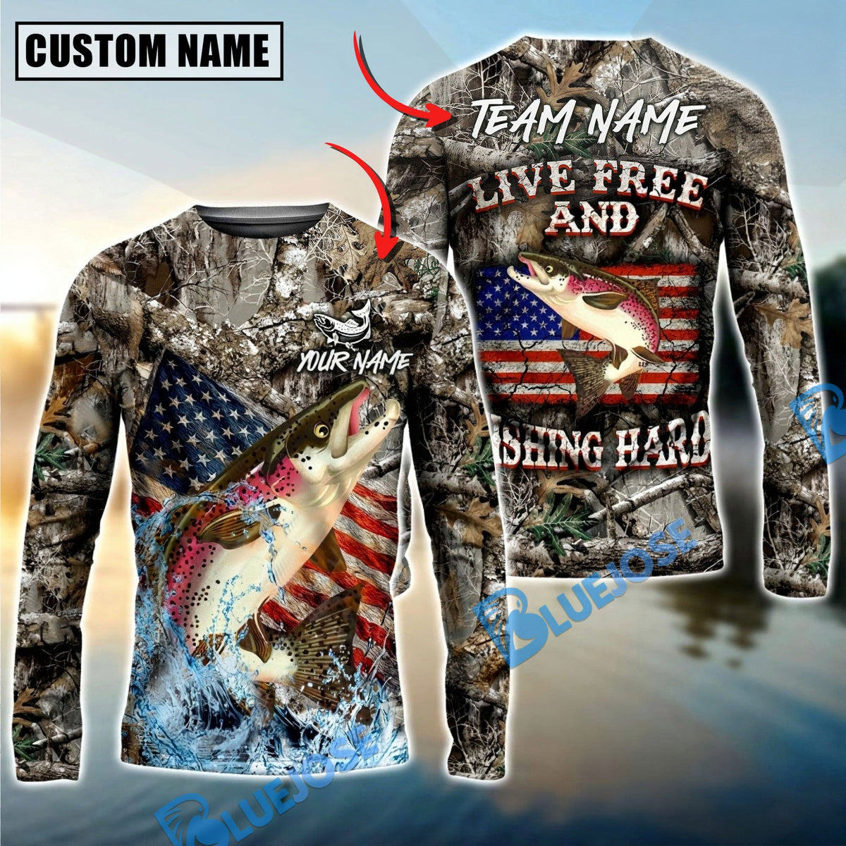 BlueJose Salmon Fishing Patriotic Camo Live Free Custom Name & Team Name 3D Shirts