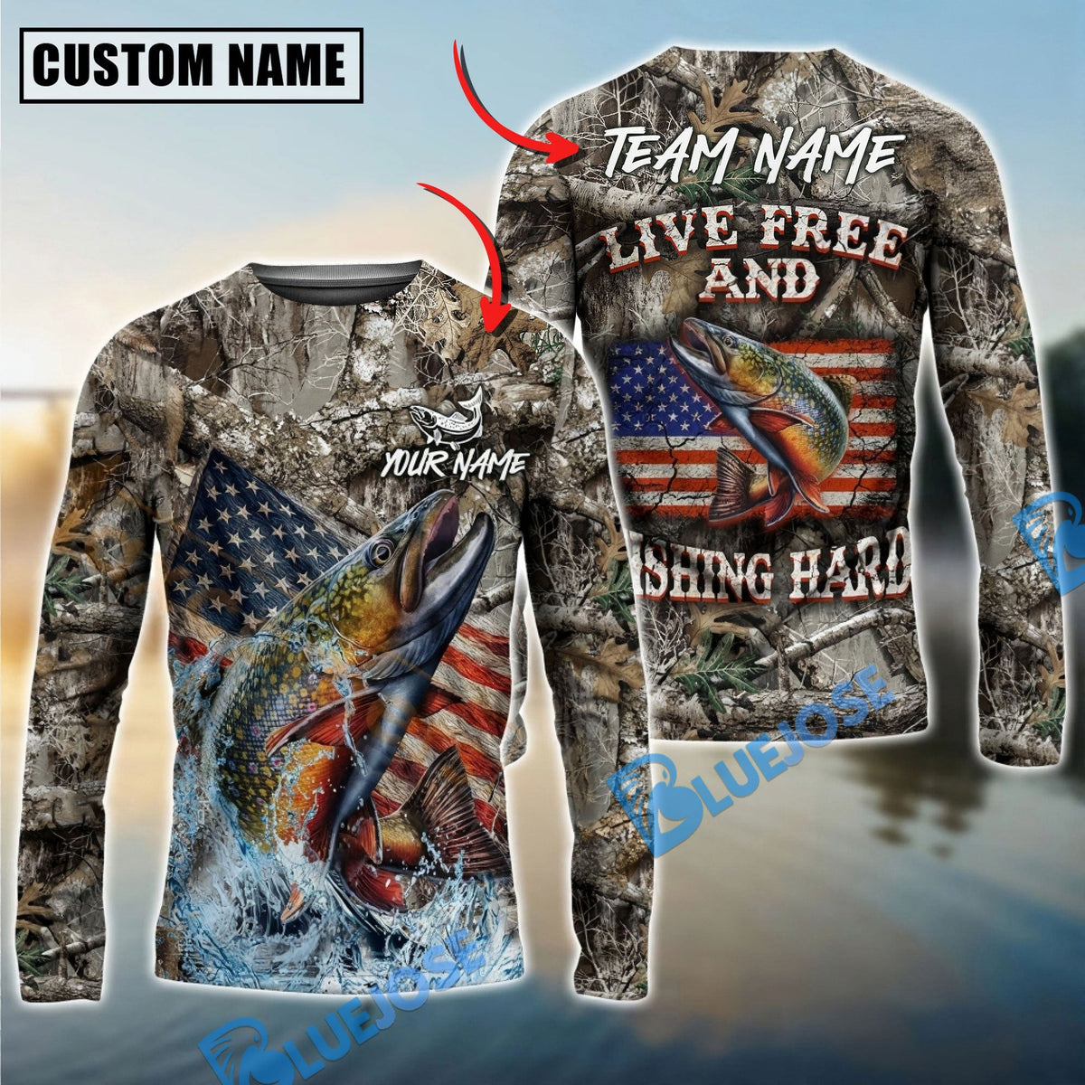 BlueJose Trout Fishing Patriotic Camo Live Free Custom Name & Team Name 3D Shirts