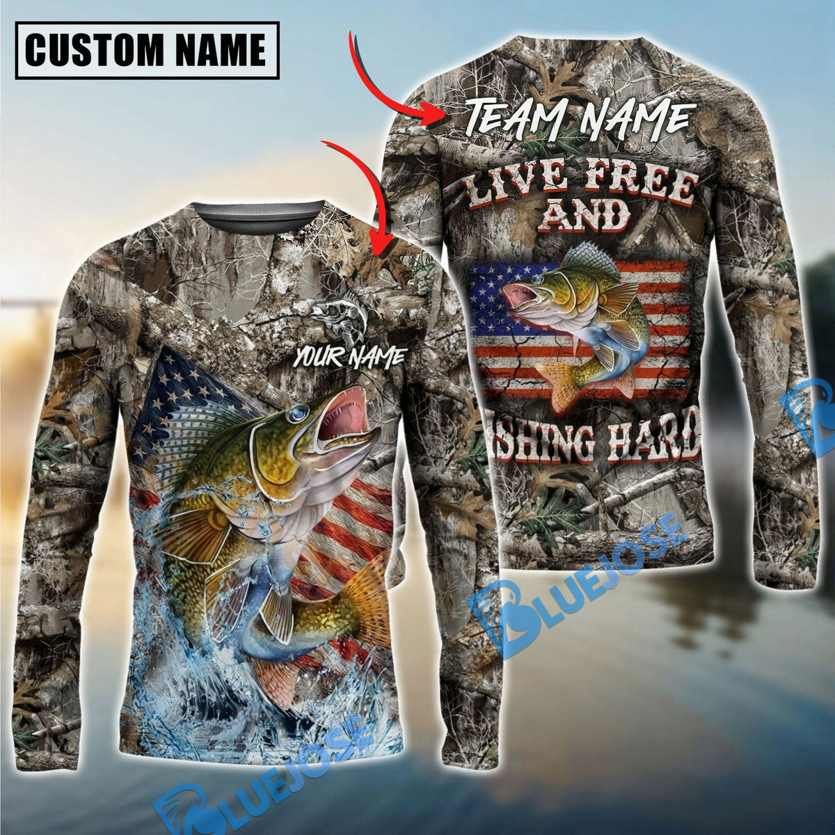 BlueJose Walleye Fishing Patriotic Camo Live Free Custom Name & Team Name 3D Shirts