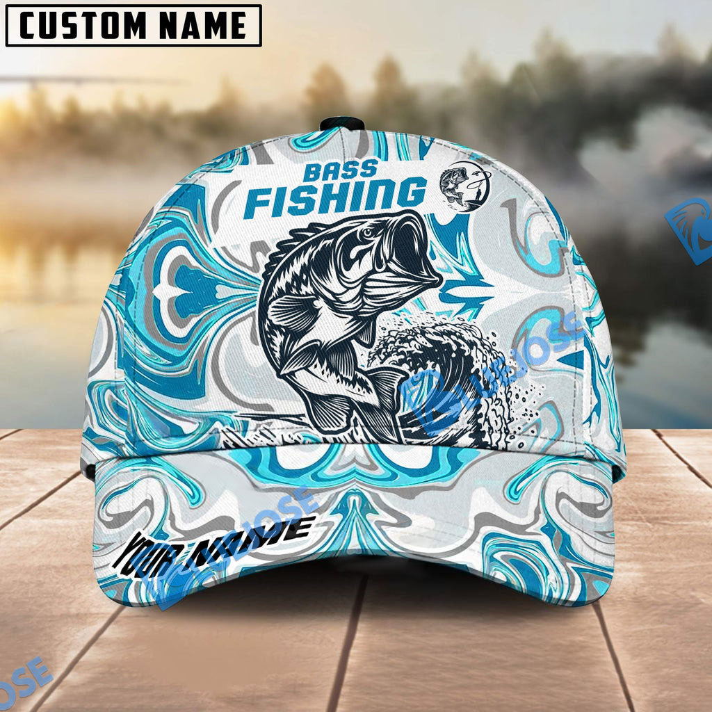 BlueJose Personalized Bass Fishing Hat with Custom Name, Artistic Blue Water Pattern Cap, Unique Gift for Freshwater Anglers & Outdoor Fishermen