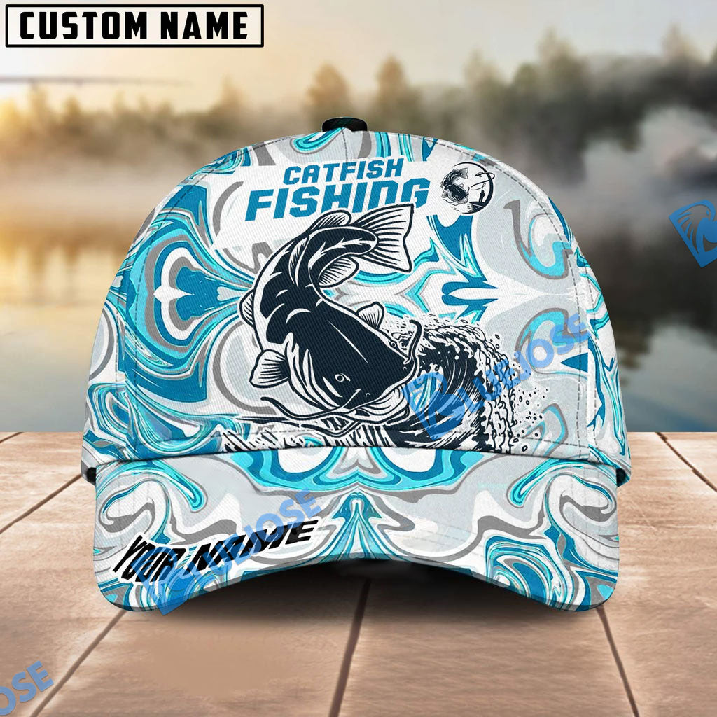 BlueJose Personalized Catfish Fishing Hat with Custom Name, Artistic Blue Water Pattern Cap, Unique Gift for Freshwater Anglers & Outdoor Fishermen
