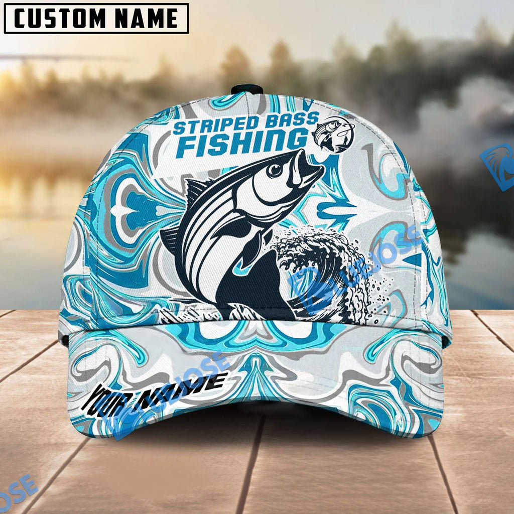 BlueJose Personalized Striped Bass Fishing Hat with Custom Name, Artistic Blue Water Pattern Cap, Unique Gift for Freshwater Anglers & Outdoor Fishermen