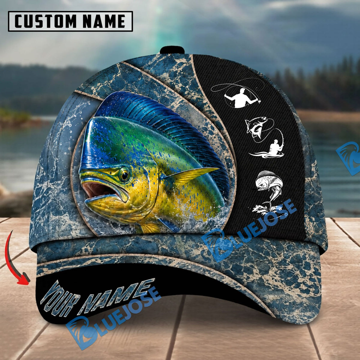 BlueJose Fishing Blue Marble Splash Design Personalized Name Classic 3D Cap Personalized Cap (13 Breeds)