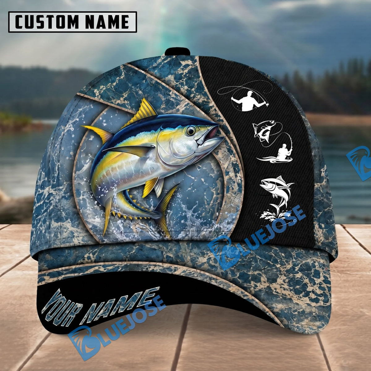 BlueJose Fishing Blue Marble Splash Design Personalized Name Classic 3D Cap Personalized Cap (13 Breeds)