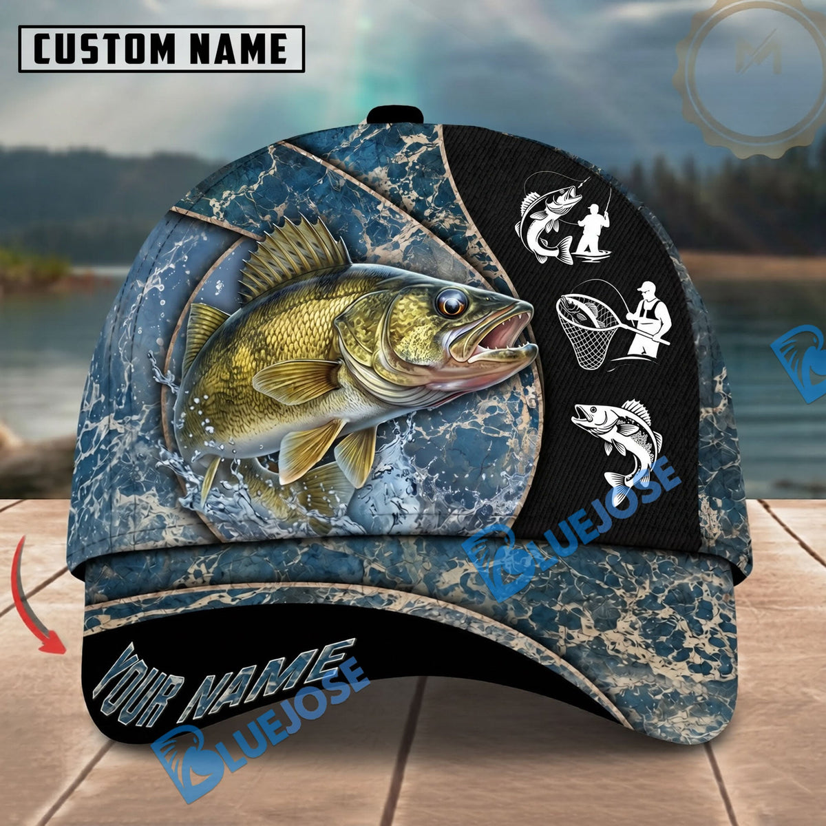BlueJose Fishing Blue Marble Splash Design Personalized Name Classic 3D Cap Personalized Cap (13 Breeds)