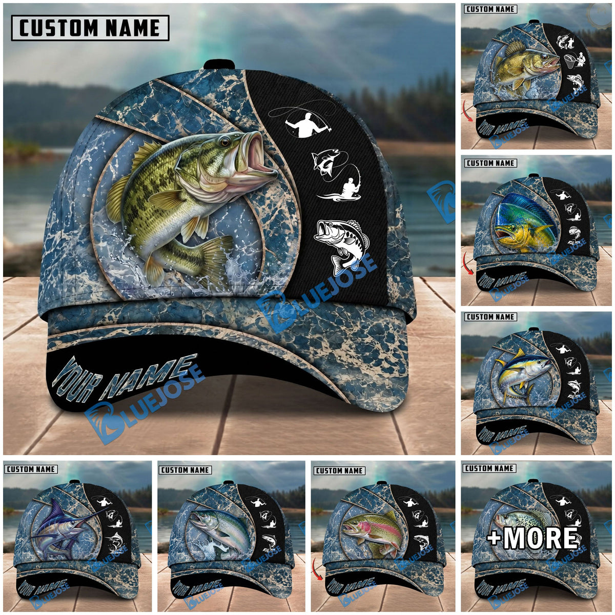 BlueJose Fishing Blue Marble Splash Design Personalized Name Classic 3D Cap Personalized Cap (13 Breeds)
