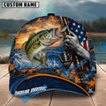 BlueJose Fishing Sunset American Flag Reel Design Personalized Name Classic 3D Cap Personalized Cap (13 Breeds)