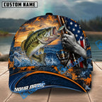 BlueJose Fishing Sunset American Flag Reel Design Personalized Name Classic 3D Cap Personalized Cap (13 Breeds)