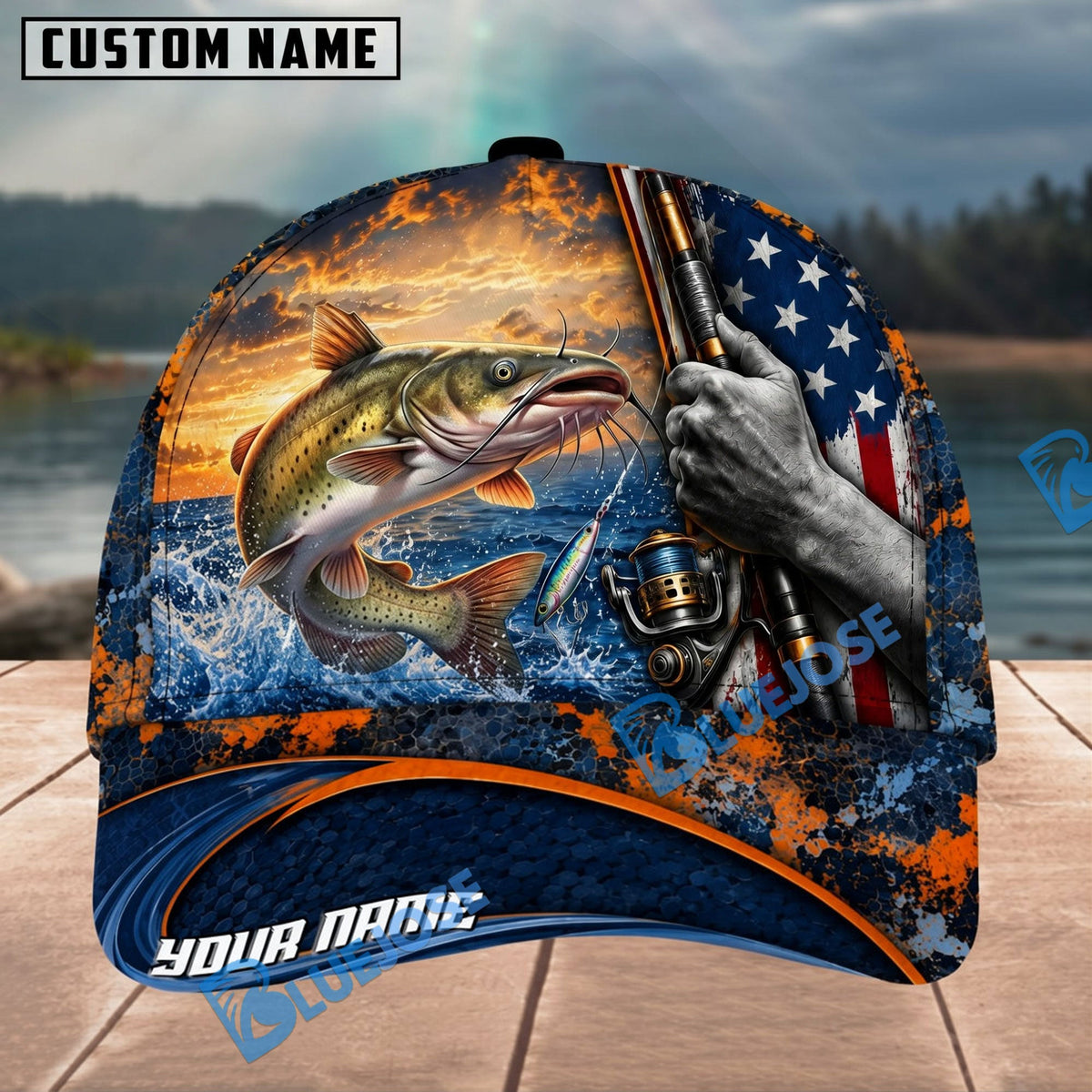BlueJose Fishing Sunset American Flag Reel Design Personalized Name Classic 3D Cap Personalized Cap (13 Breeds)