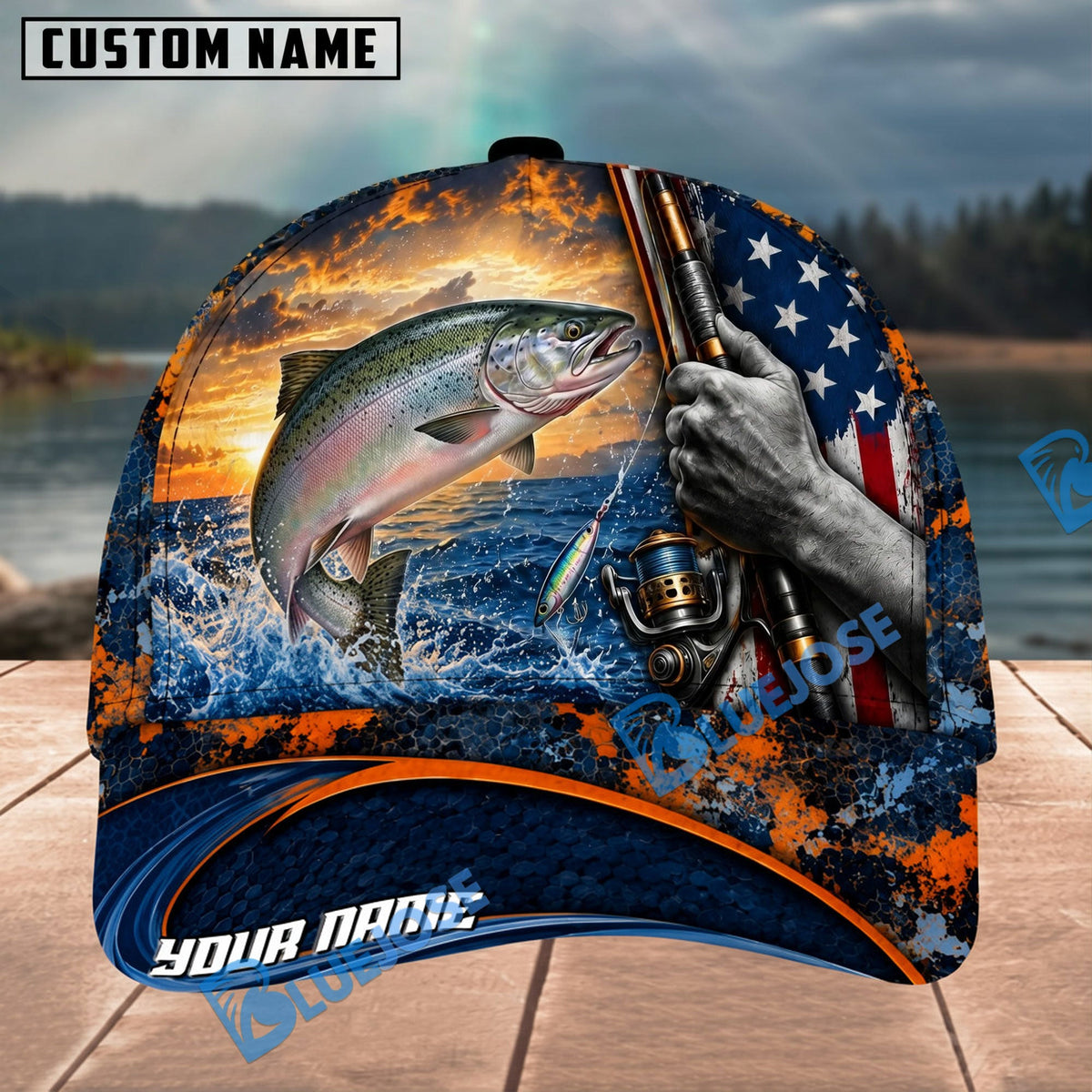 BlueJose Fishing Sunset American Flag Reel Design Personalized Name Classic 3D Cap Personalized Cap (13 Breeds)