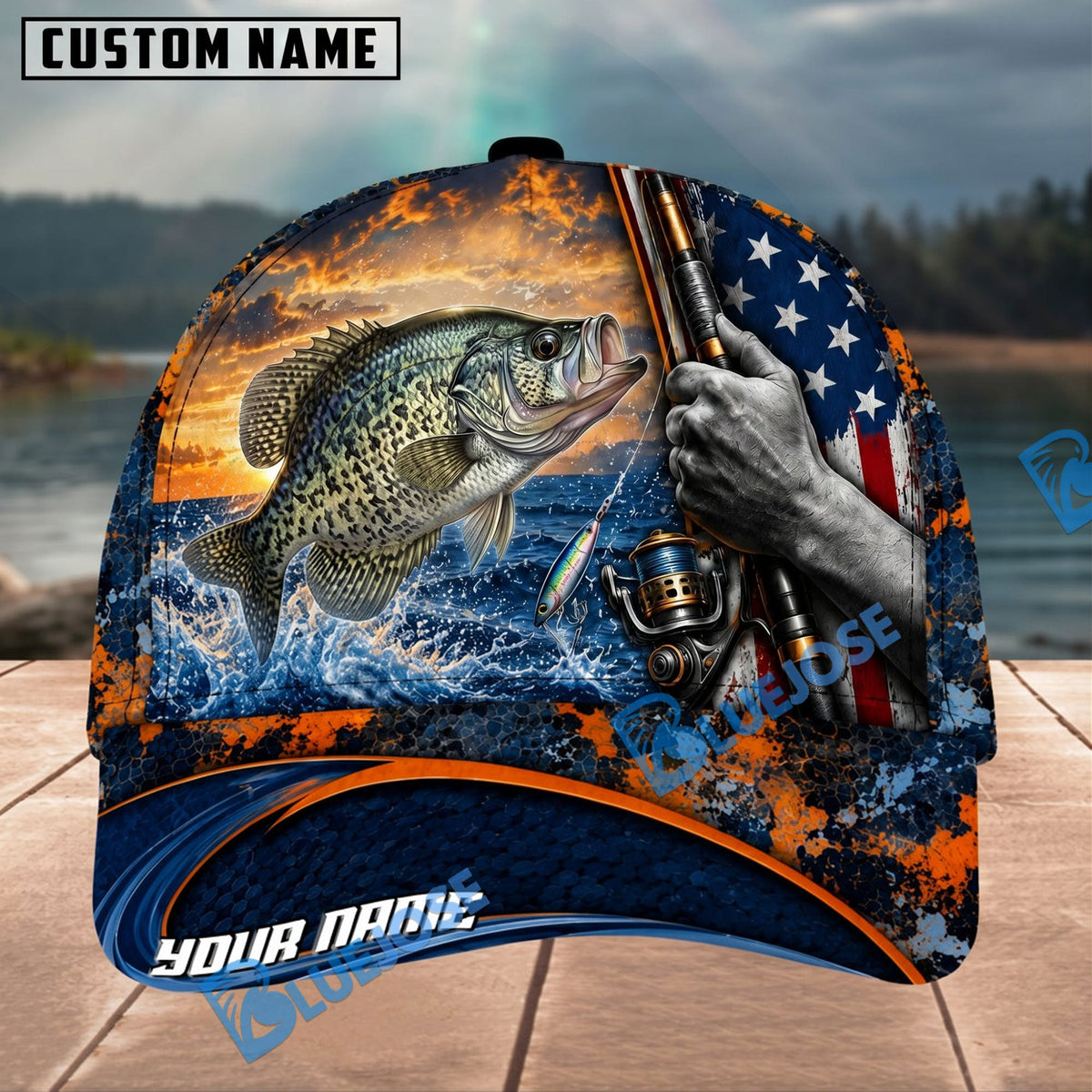 BlueJose Fishing Sunset American Flag Reel Design Personalized Name Classic 3D Cap Personalized Cap (13 Breeds)