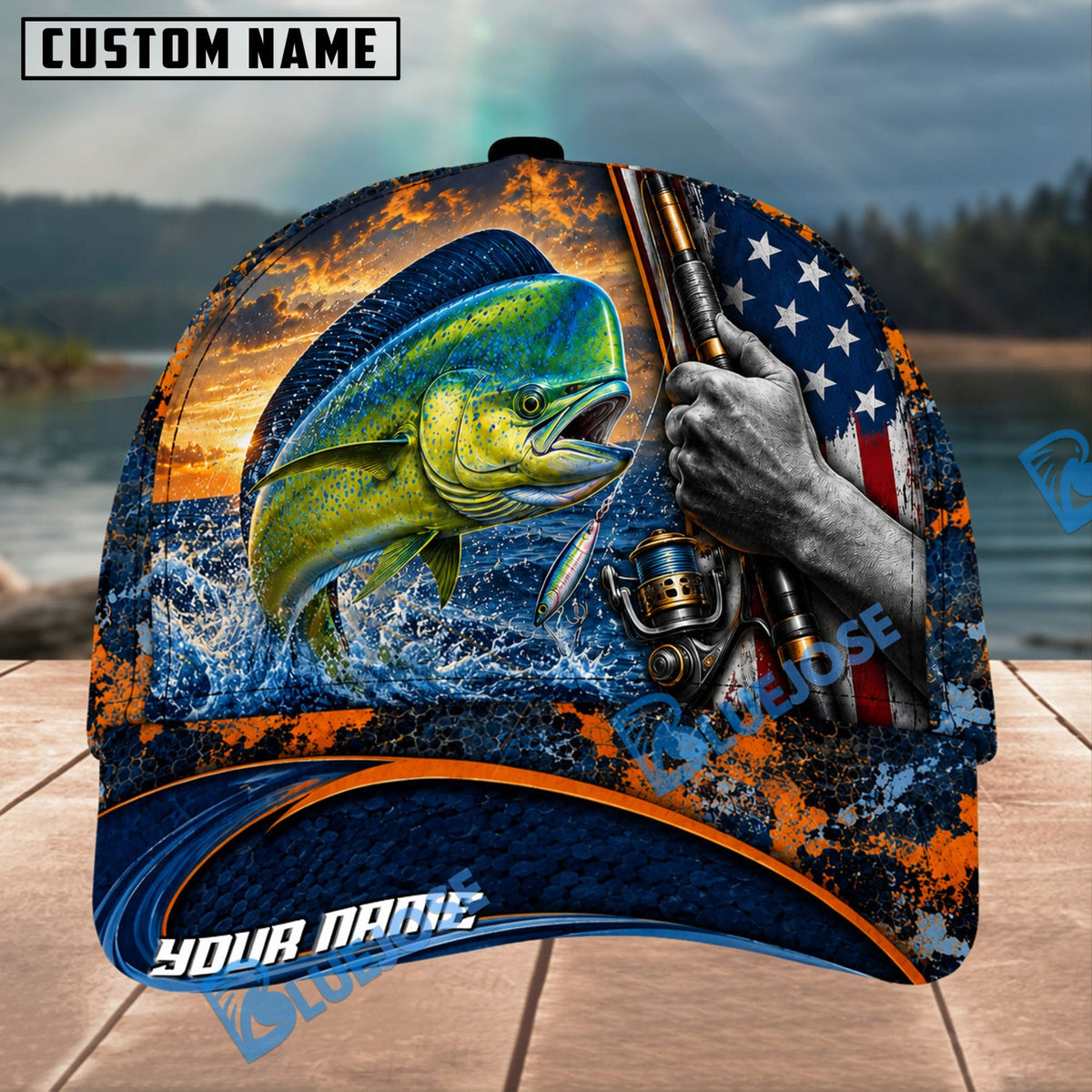 BlueJose Fishing Sunset American Flag Reel Design Personalized Name Classic 3D Cap Personalized Cap (13 Breeds)