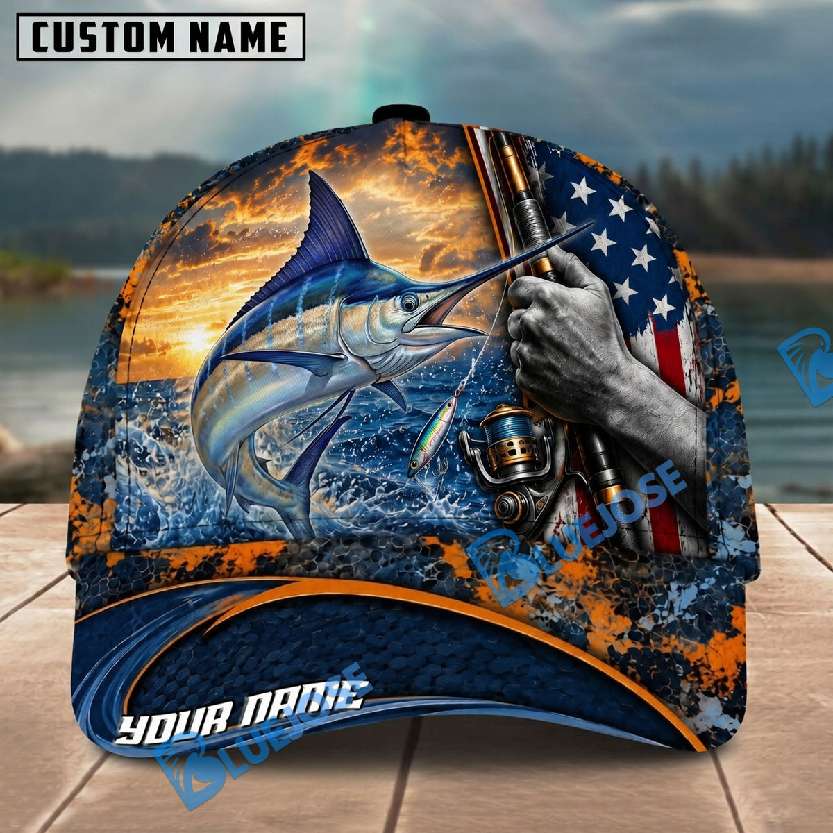 BlueJose Fishing Sunset American Flag Reel Design Personalized Name Classic 3D Cap Personalized Cap (13 Breeds)