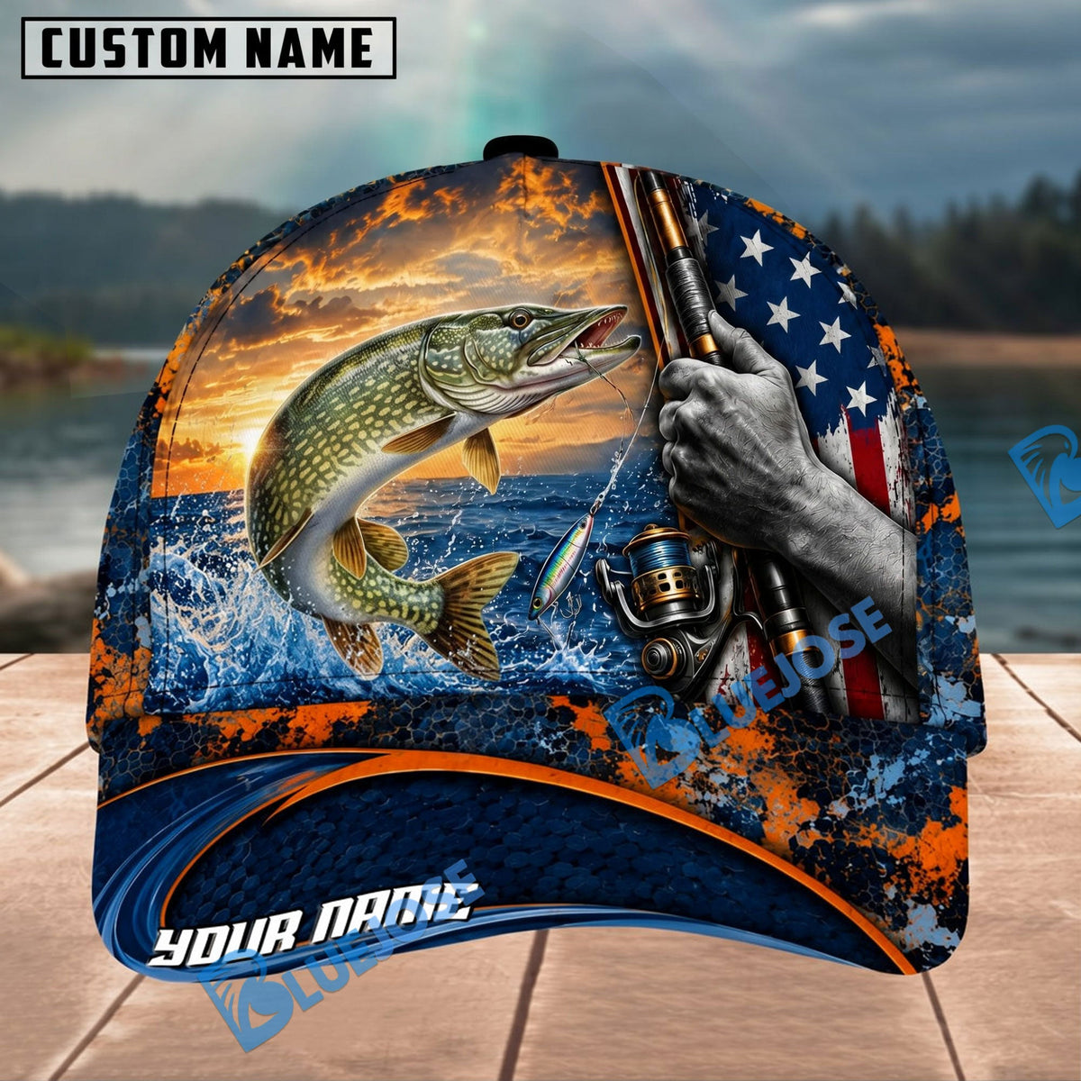 BlueJose Fishing Sunset American Flag Reel Design Personalized Name Classic 3D Cap Personalized Cap (13 Breeds)