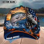 BlueJose Fishing Sunset American Flag Reel Design Personalized Name Classic 3D Cap Personalized Cap (13 Breeds)