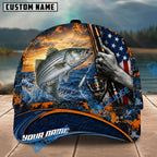 BlueJose Fishing Sunset American Flag Reel Design Personalized Name Classic 3D Cap Personalized Cap (13 Breeds)