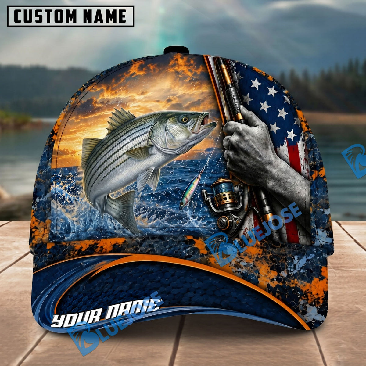 BlueJose Fishing Sunset American Flag Reel Design Personalized Name Classic 3D Cap Personalized Cap (13 Breeds)