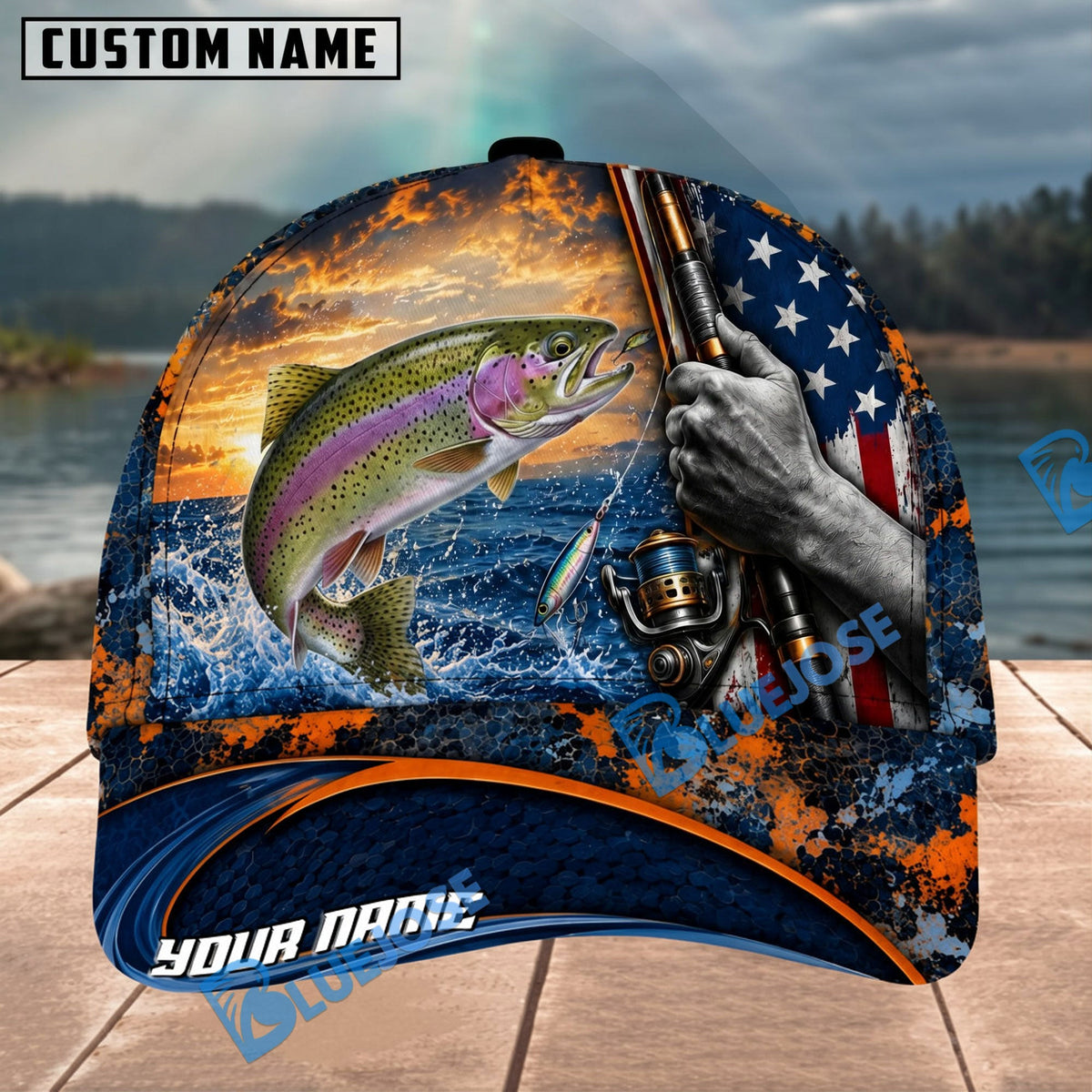 BlueJose Fishing Sunset American Flag Reel Design Personalized Name Classic 3D Cap Personalized Cap (13 Breeds)