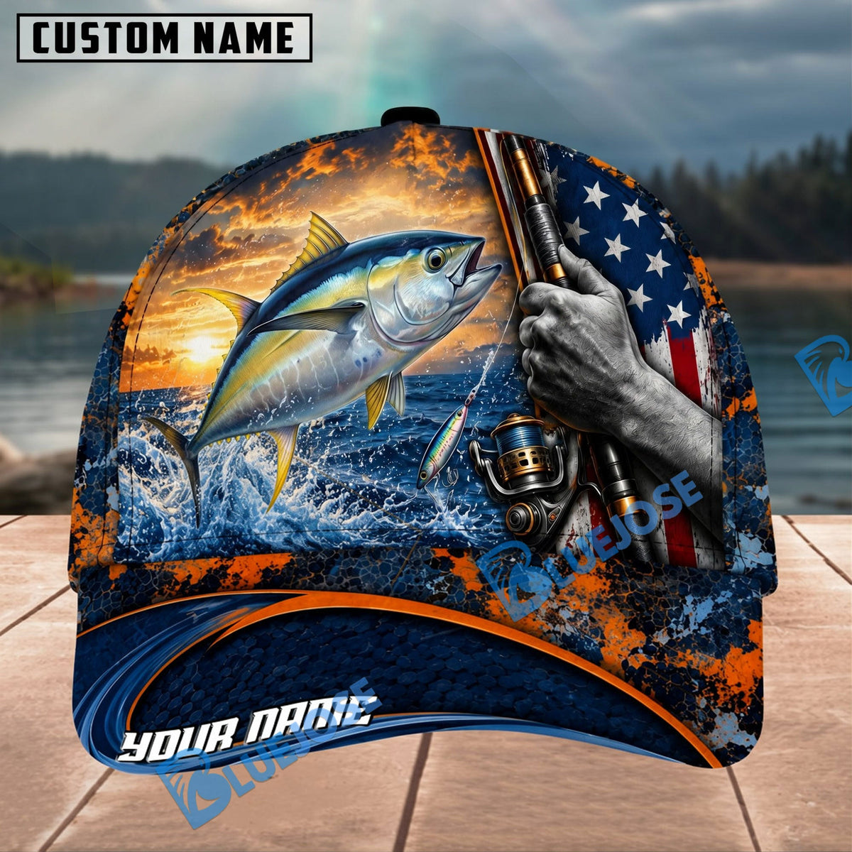 BlueJose Fishing Sunset American Flag Reel Design Personalized Name Classic 3D Cap Personalized Cap (13 Breeds)