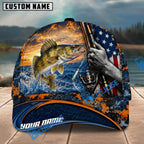 BlueJose Fishing Sunset American Flag Reel Design Personalized Name Classic 3D Cap Personalized Cap (13 Breeds)