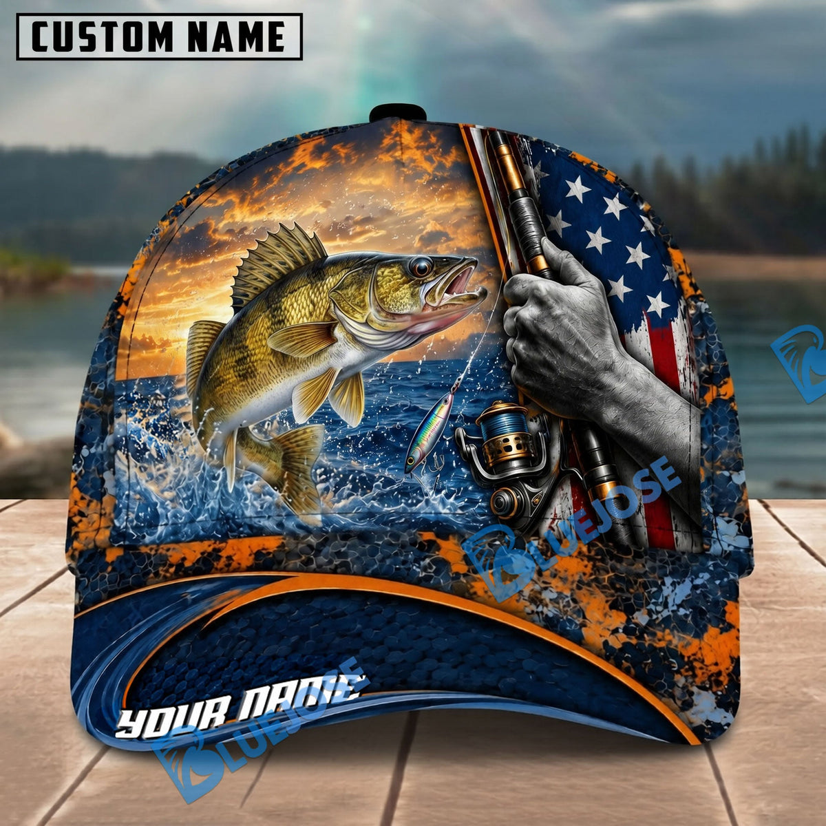BlueJose Fishing Sunset American Flag Reel Design Personalized Name Classic 3D Cap Personalized Cap (13 Breeds)