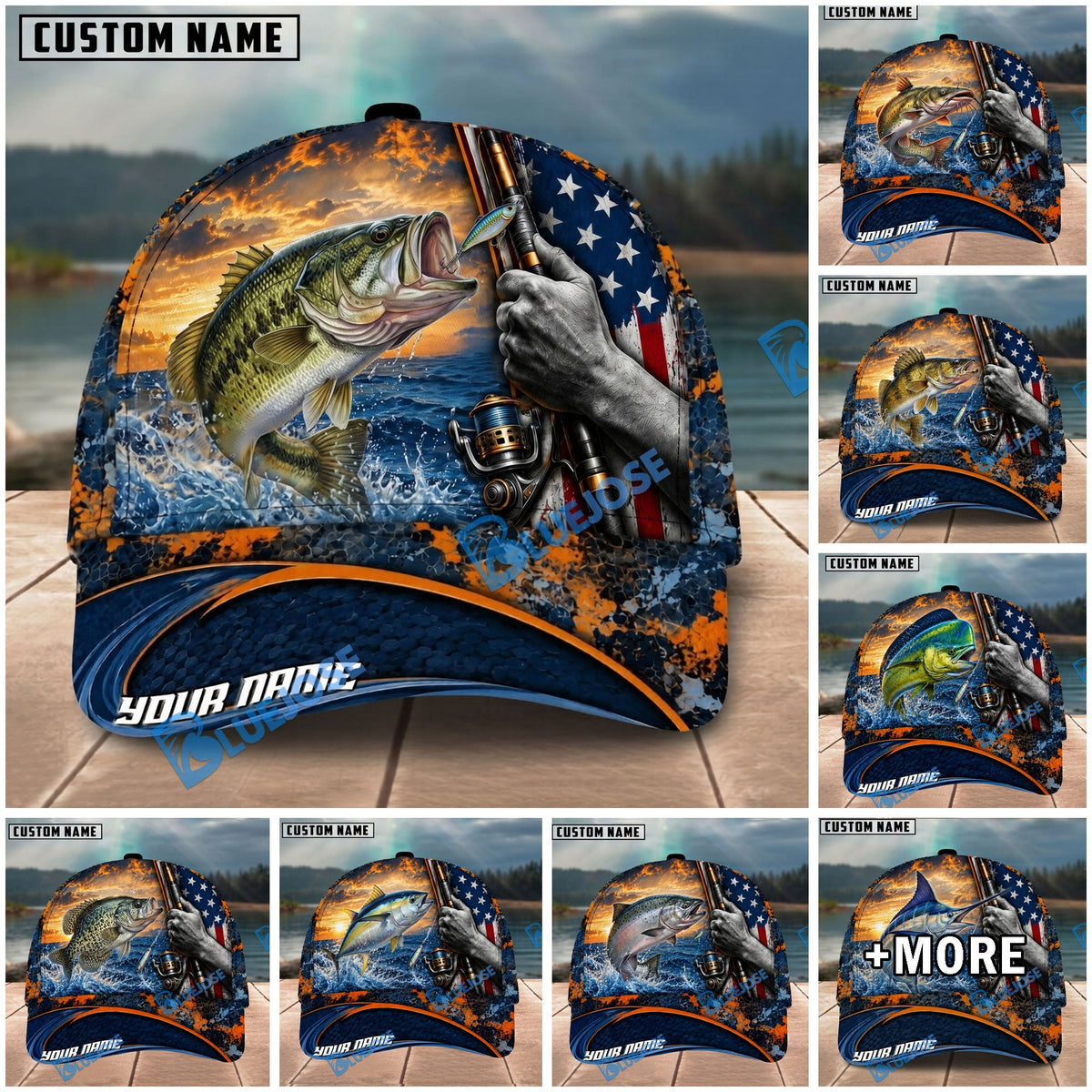 BlueJose Fishing Sunset American Flag Reel Design Personalized Name Classic 3D Cap Personalized Cap (13 Breeds)