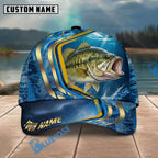 BlueJose Fishing Blue Gold Wave Design Personalized Name Classic 3D Cap Personalized Cap (13 Breeds)