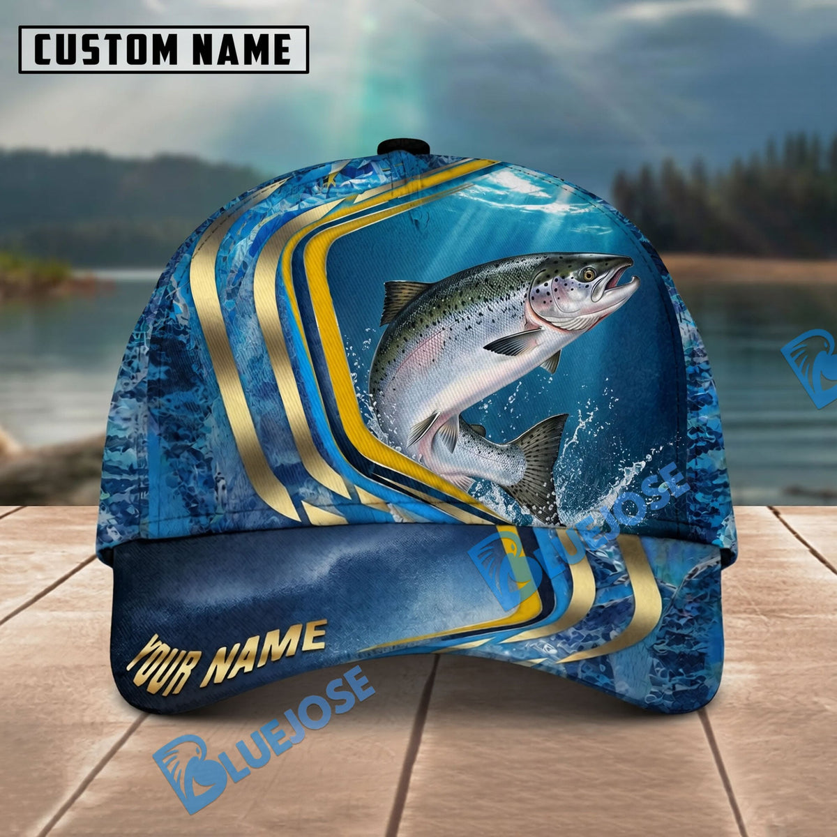 BlueJose Fishing Blue Gold Wave Design Personalized Name Classic 3D Cap Personalized Cap (13 Breeds)