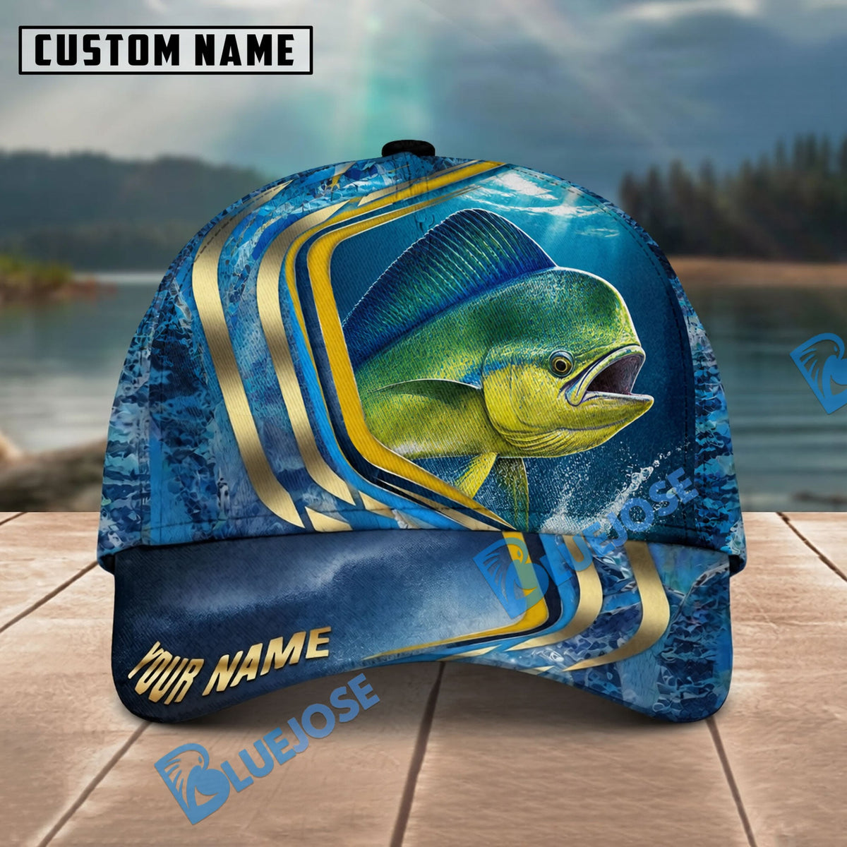 BlueJose Fishing Blue Gold Wave Design Personalized Name Classic 3D Cap Personalized Cap (13 Breeds)