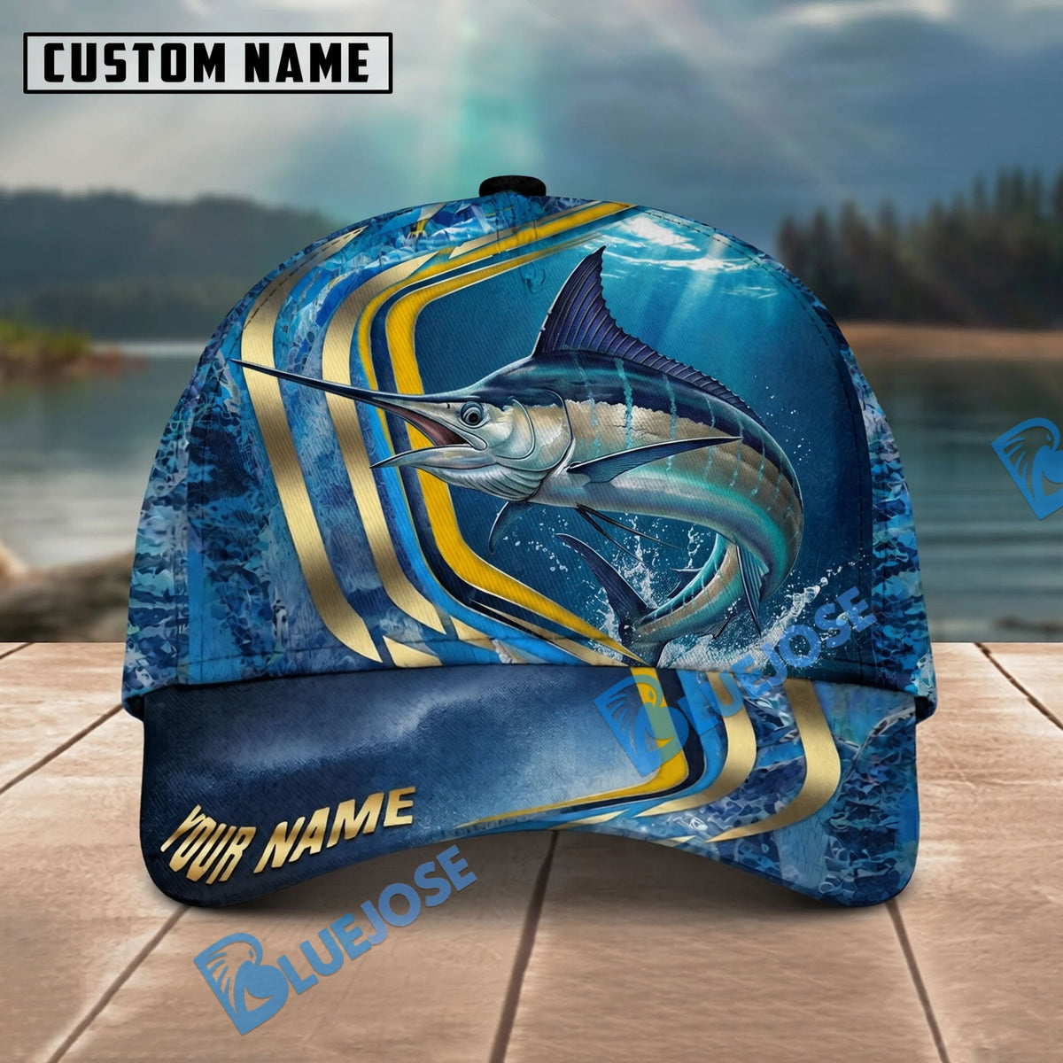 BlueJose Fishing Blue Gold Wave Design Personalized Name Classic 3D Cap Personalized Cap (13 Breeds)