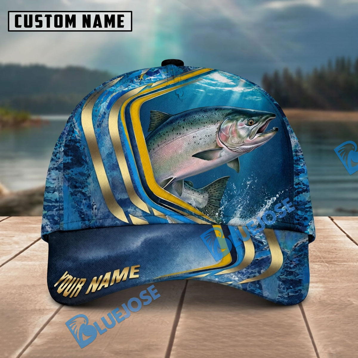 BlueJose Fishing Blue Gold Wave Design Personalized Name Classic 3D Cap Personalized Cap (13 Breeds)