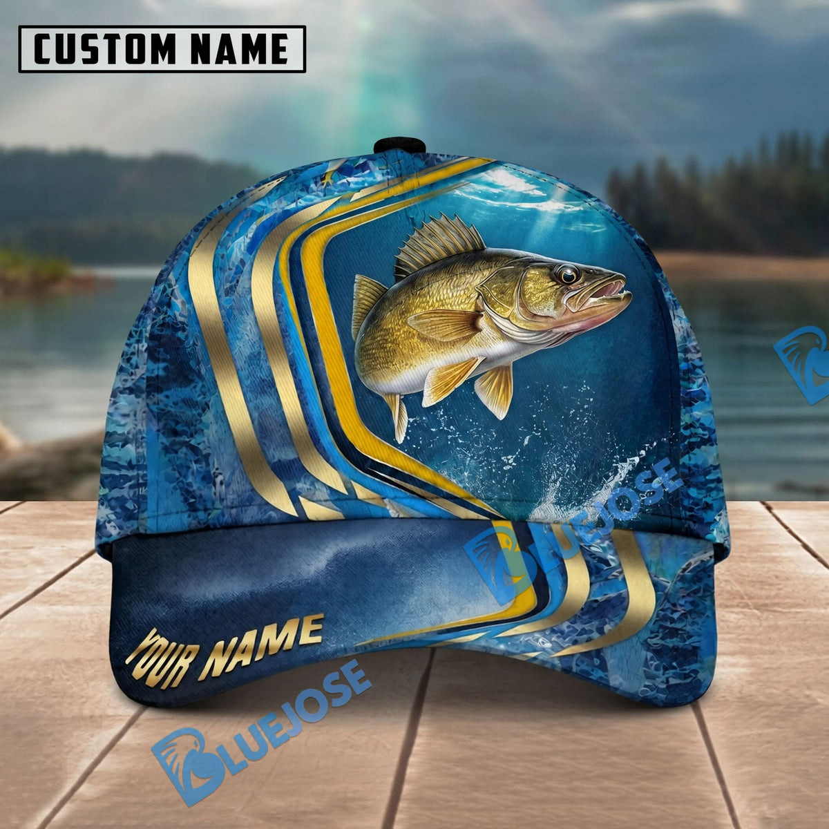 BlueJose Fishing Blue Gold Wave Design Personalized Name Classic 3D Cap Personalized Cap (13 Breeds)
