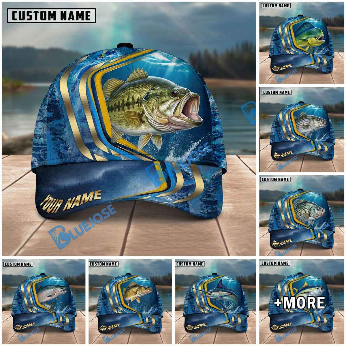 BlueJose Fishing Blue Gold Wave Design Personalized Name Classic 3D Cap Personalized Cap (13 Breeds)