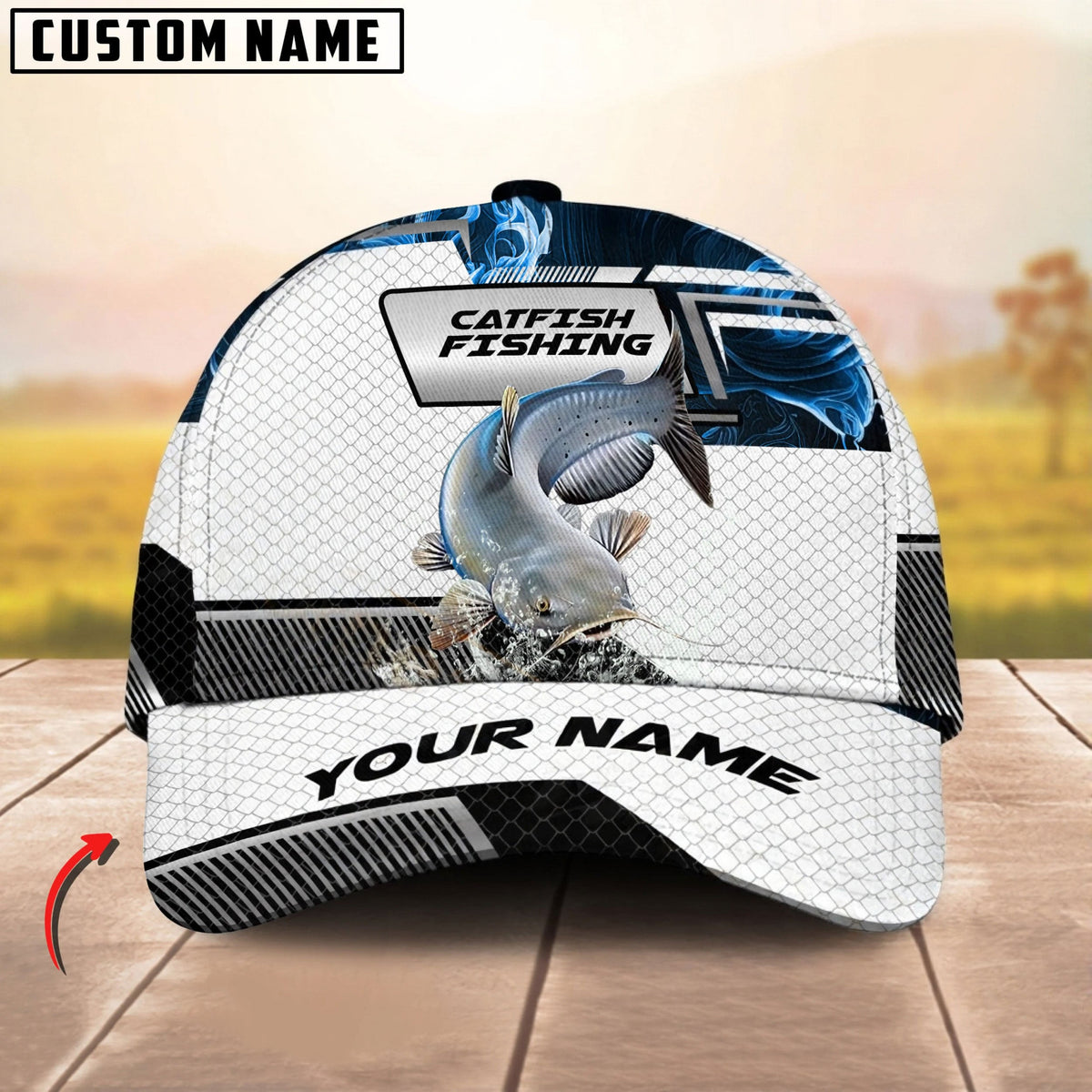 BlueJose Fishing Blue Smoke Hexagon Pattern Personalized Cap (12 Breeds)
