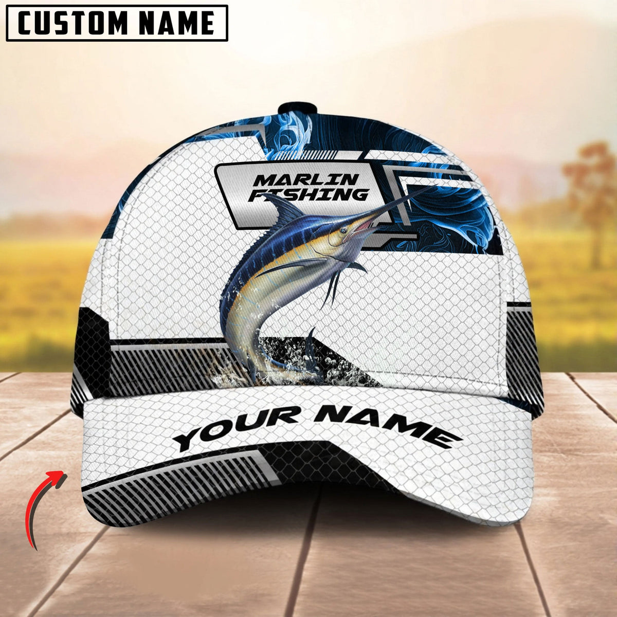 BlueJose Fishing Blue Smoke Hexagon Pattern Personalized Cap (12 Breeds)