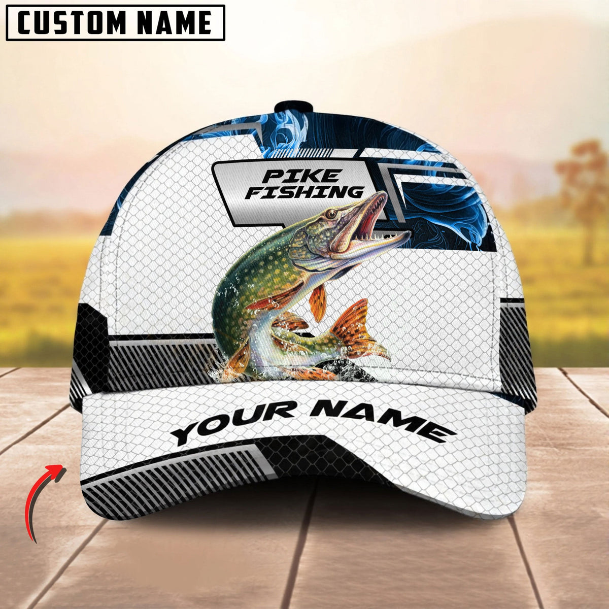 BlueJose Fishing Blue Smoke Hexagon Pattern Personalized Cap (12 Breeds)