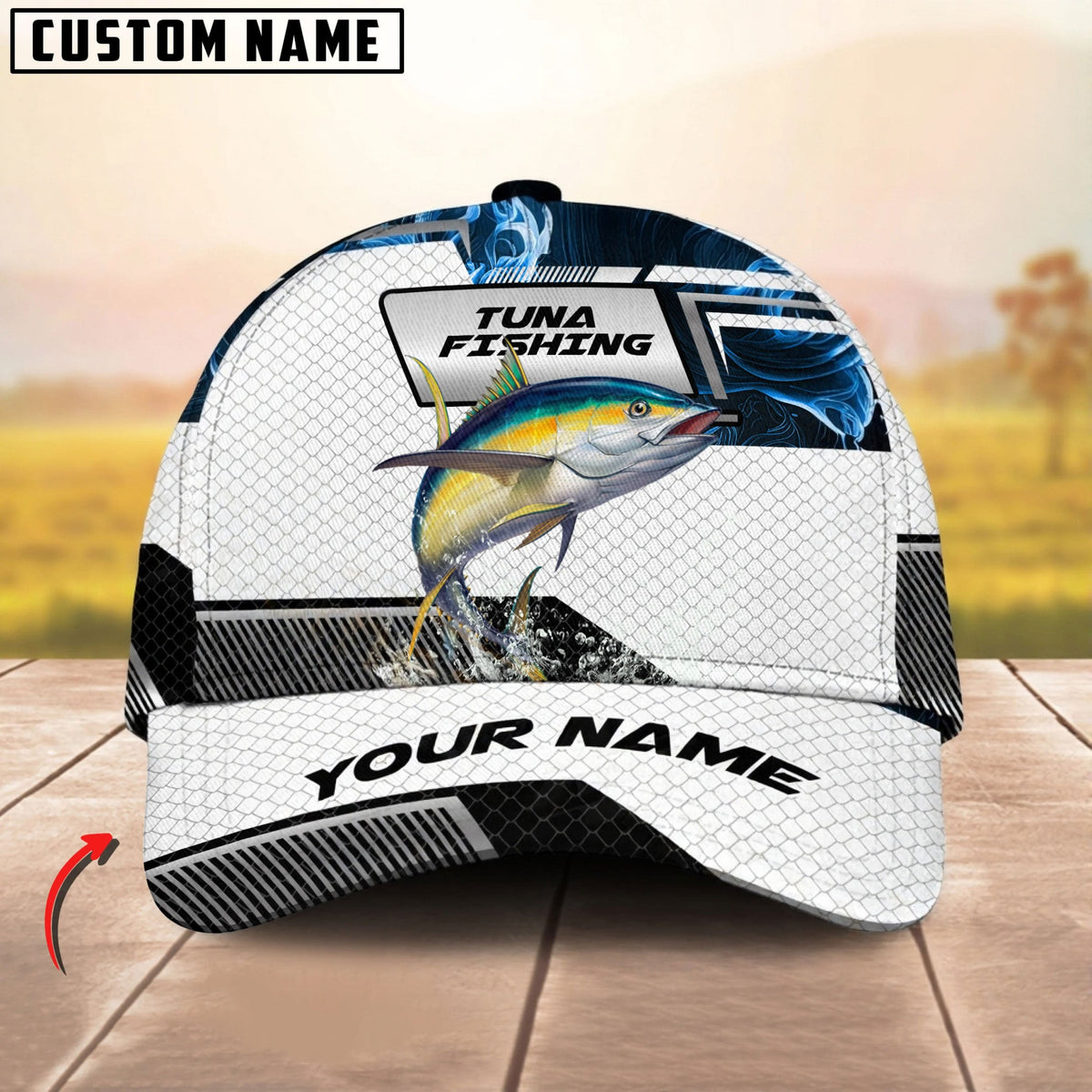 BlueJose Fishing Blue Smoke Hexagon Pattern Personalized Cap (12 Breeds)
