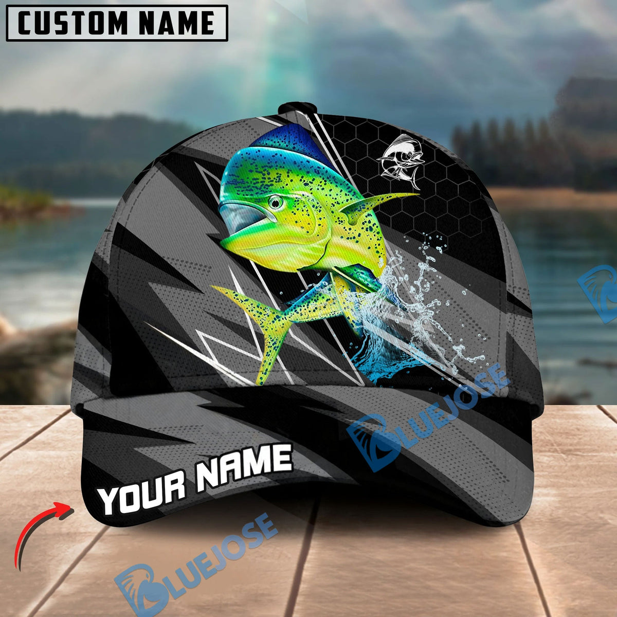 BlueJose Fishing Gray Jumping Water Splash Graphic Personalized Cap (13 Breeds)
