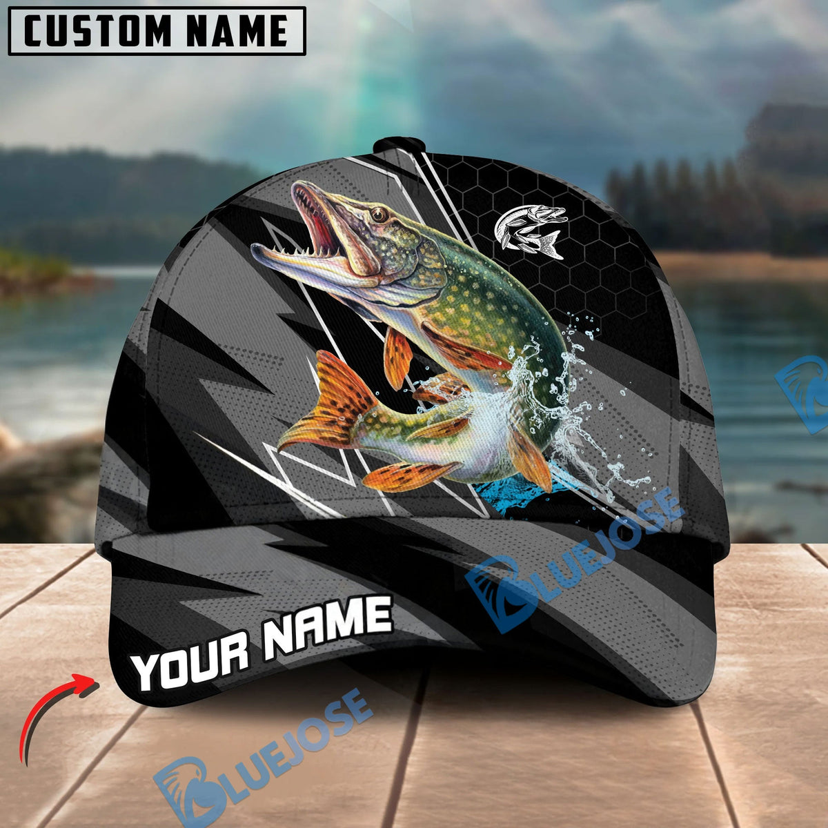 BlueJose Fishing Gray Jumping Water Splash Graphic Personalized Cap (13 Breeds)