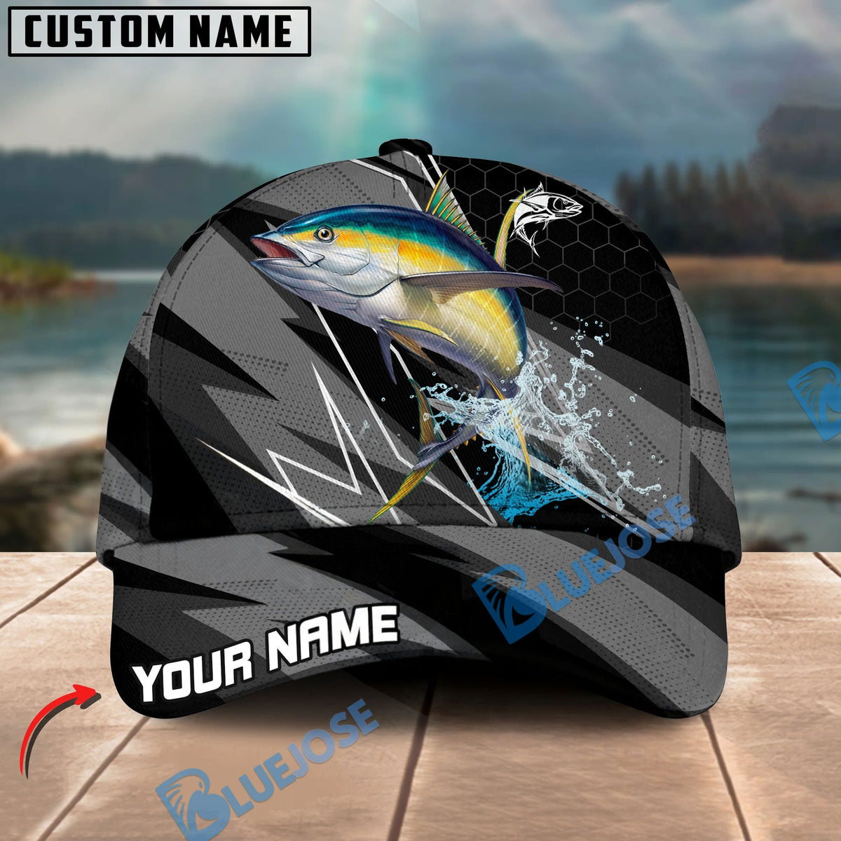BlueJose Fishing Gray Jumping Water Splash Graphic Personalized Cap (13 Breeds)