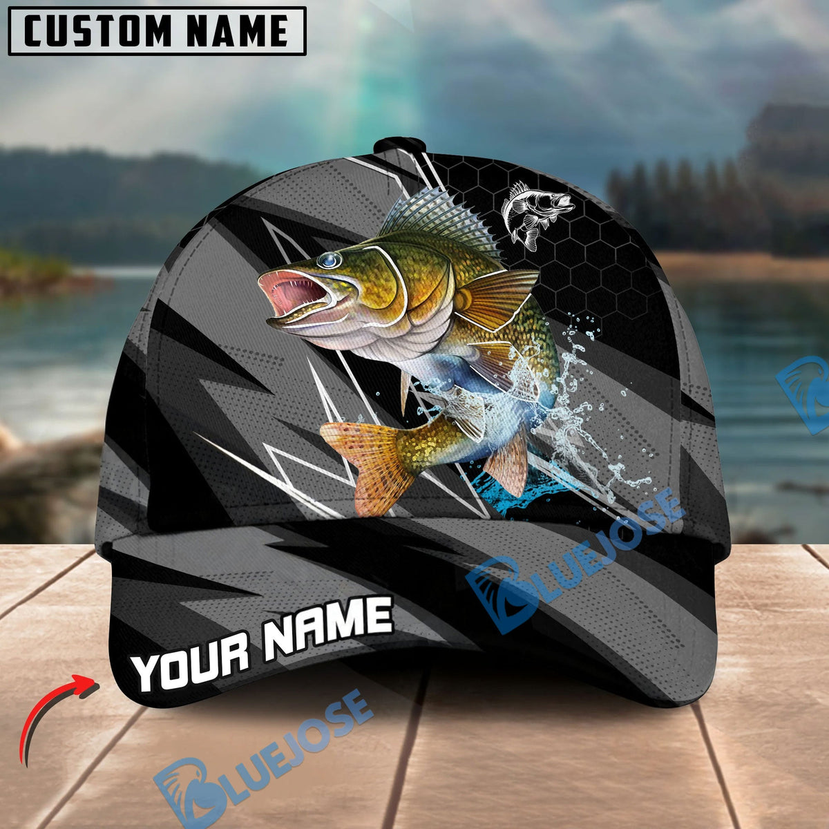 BlueJose Fishing Gray Jumping Water Splash Graphic Personalized Cap (13 Breeds)