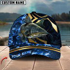 BlueJose Fishing Blue Ocean Wave & Gold Geometric Personalized Cap (12 Breeds)