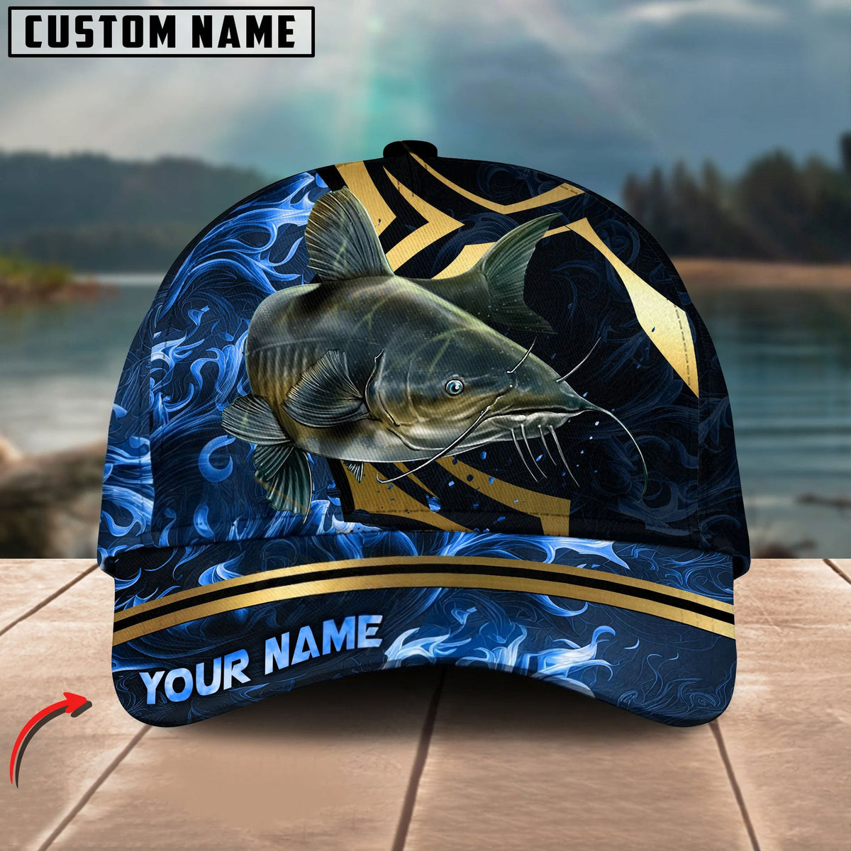 BlueJose Fishing Blue Ocean Wave & Gold Geometric Personalized Cap (12 Breeds)