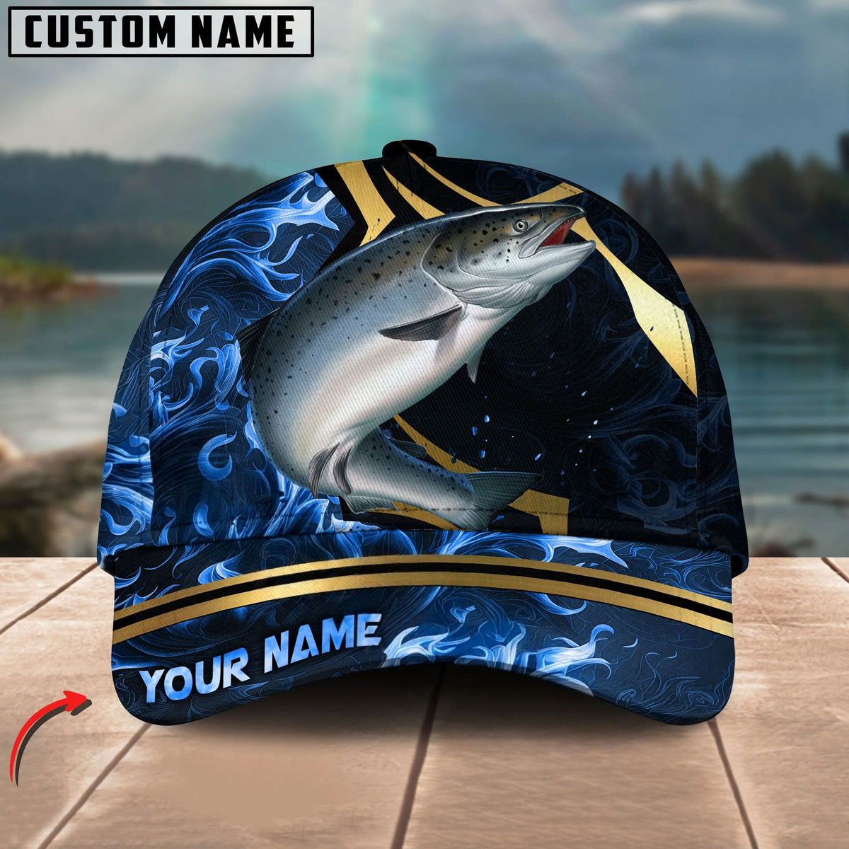 BlueJose Fishing Blue Ocean Wave & Gold Geometric Personalized Cap (12 Breeds)